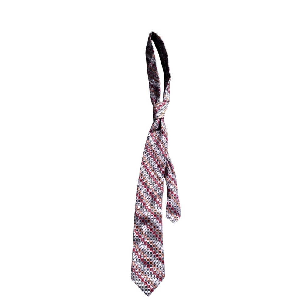 Arrow USA 1851 Mens Geometric Diamond Pattern Silk Blend Necktie Red Orange Grey